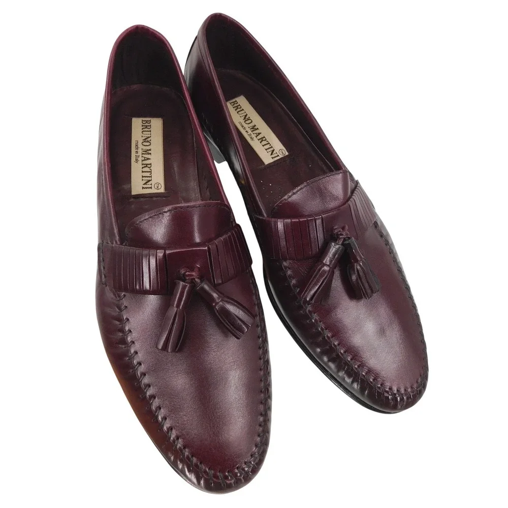 Bruno Martini Mens Burgundy Leather Tassel Kiltie Loafers Made in Italy Size 7.5